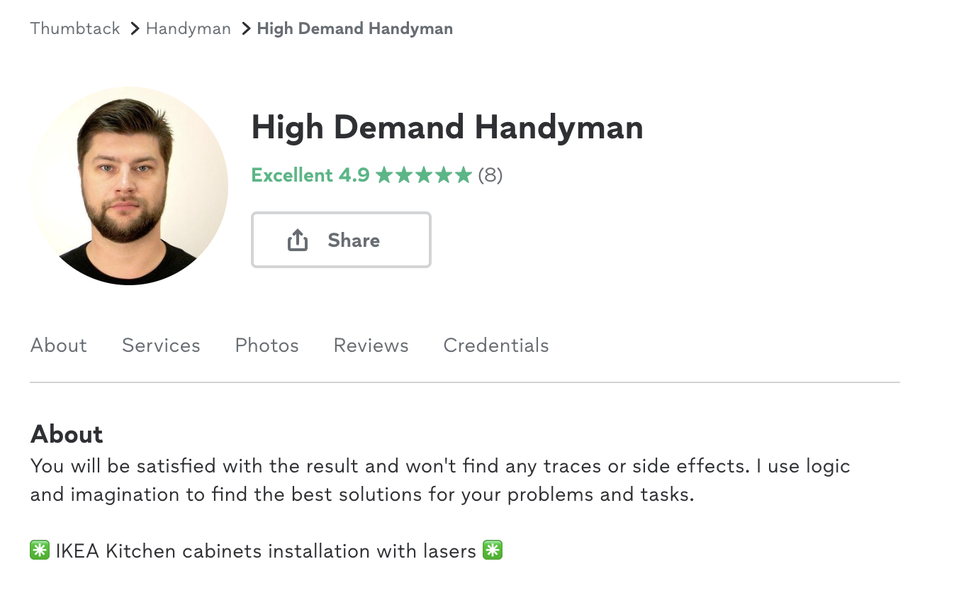 Thumbtack profile screenshot showing reviews and ratings for High Demand Handyman
